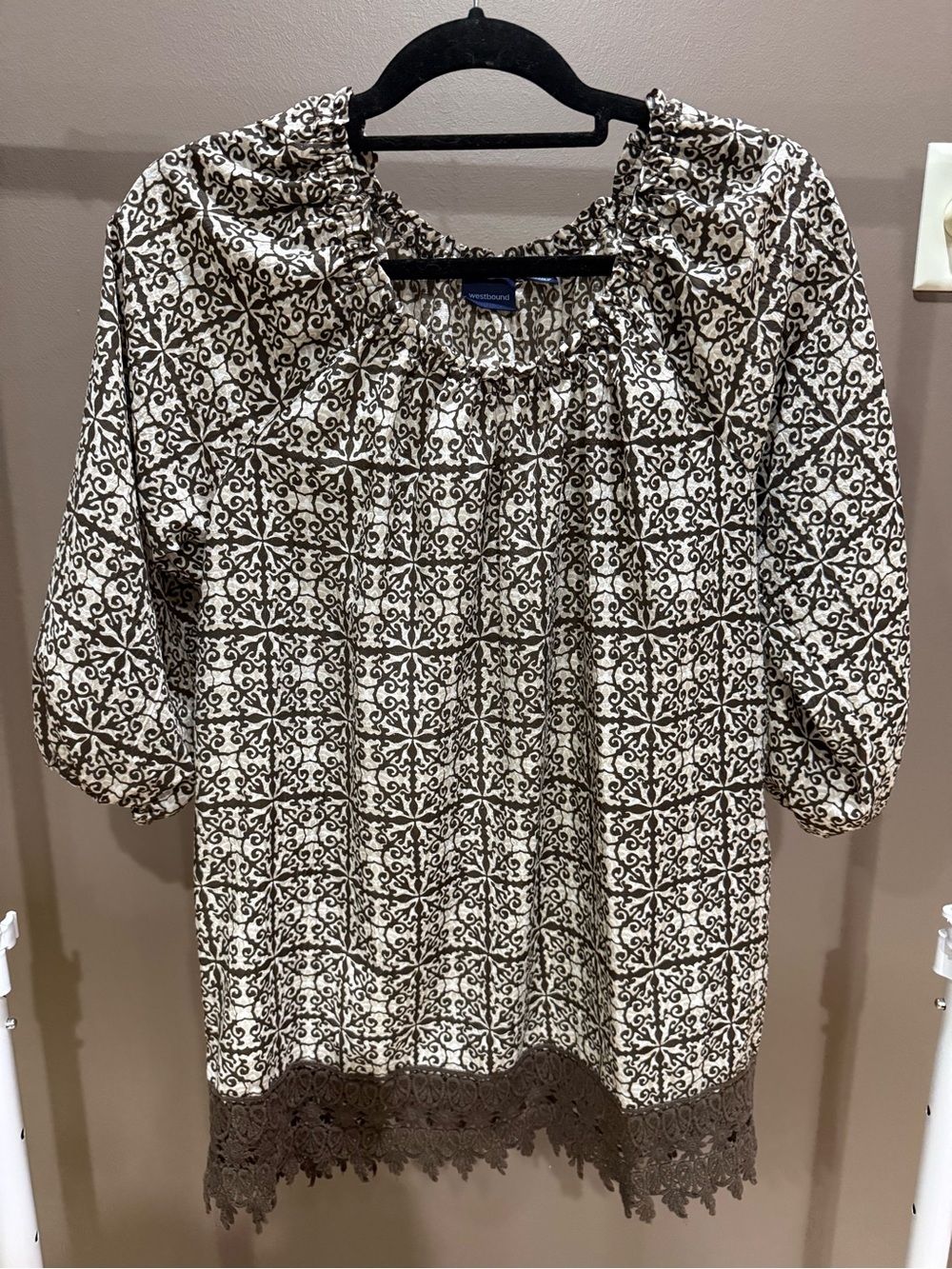 Westbound Brown and Cream Patterned Peasant Blouse/Tunic
